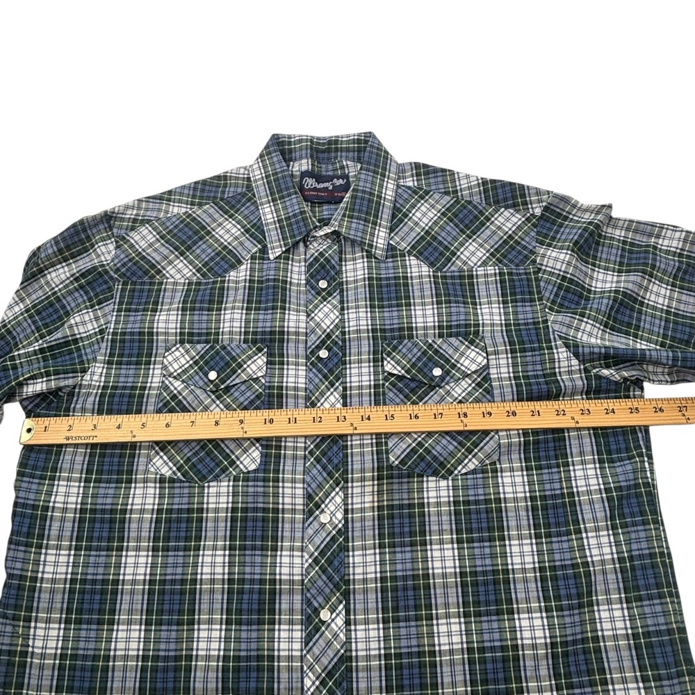 Wrangler Western Plaid Shirt Mens XL Long Tails 17.5 Short Sleeve Snap Front - Picture 8 of 12